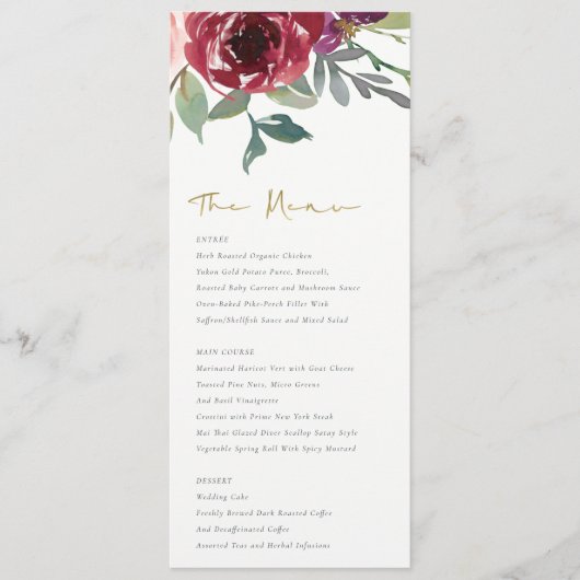RED MARSALA BLUSH ROSE WATERCOLOR FLORAL WEDDING MENU (Voorkant)