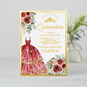 Red Marsala Floral Dress Quinceanera Gold Folie Uitnodiging (Staand Voorkant)