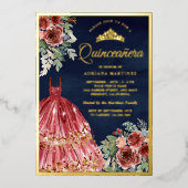 Red Marsala Floral Dress Quinceanera Navy Gold Folie Uitnodiging (Voorkant)
