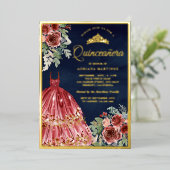 Red Marsala Floral Dress Quinceanera Navy Gold Folie Uitnodiging (Staand Voorkant)