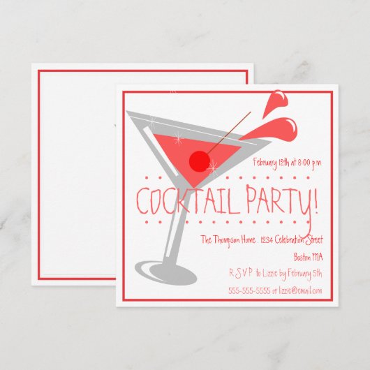 Red Martini Cocktail Party Invitation Kaart (Voorkant / Achterkant)