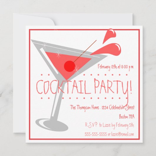 Red Martini Cocktail Party Invitation Kaart (Voorkant)