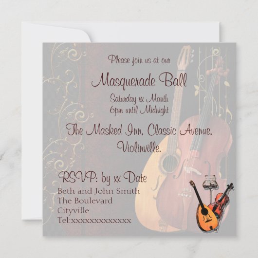 Red Mask Musical Instruments Masquerade Ball Invi Kaart (Achterkant)