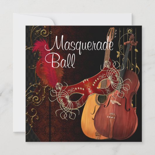 Red Mask Musical Instruments Masquerade Ball Invi Kaart (Voorkant)