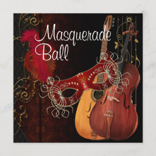 Red Mask Musical Instruments Masquerade Ball Invi Kaart
