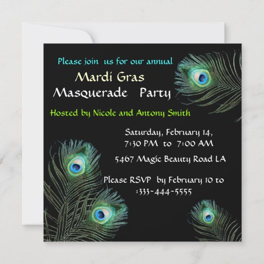 RED MASK PEACOCK FEATHERS GOLD MASQUERADE PARTIJ KAART (Achterkant)