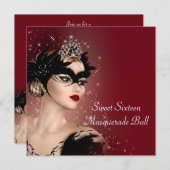 Red Mask Sweet 16 Masquerade Party Kaart (Voorkant / Achterkant)