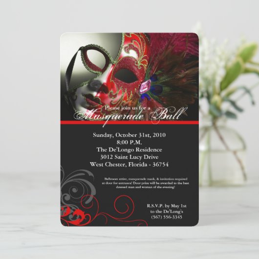 Red Masquerade Ball Mask Costume Halloween Part Kaart (Staand voorkant)