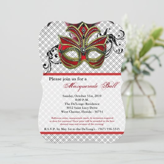 Red Masquerade Ball Mask Costume Halloween Part Kaart (Staand voorkant)