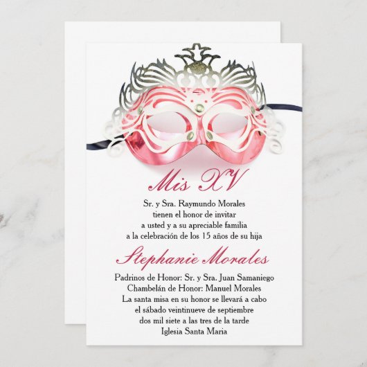 Red Masquerade Quinceanera Birthday Uitnodiging (Voorkant / Achterkant)