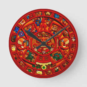 Red Mayan Sun Disk Aztec History Clock Ronde Klok