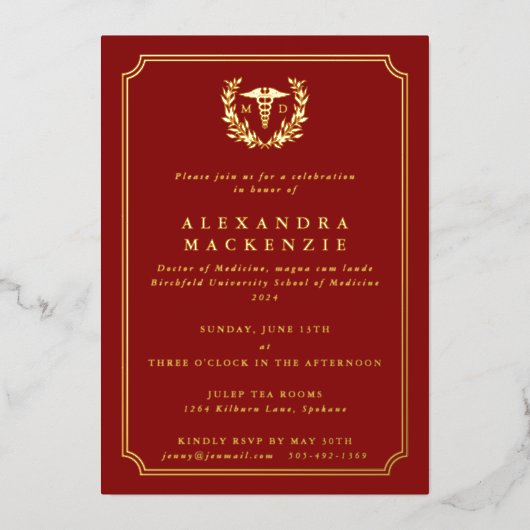 Red MD Caduceus+Laurel Wreated Afstuderen Folie Uitnodiging (Voorkant)