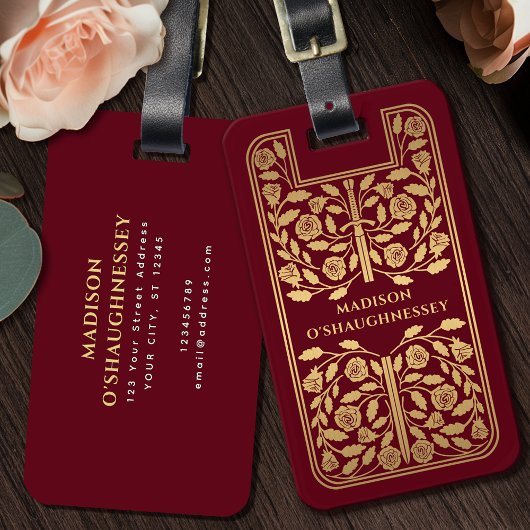 Red Medieval Fantasy Gold Zwaard Naam Bagagelabel
