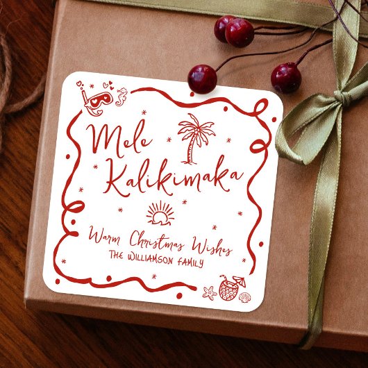 Red Mele Kalikimaka Hand Drawn Doodles Christmas Vierkante Sticker