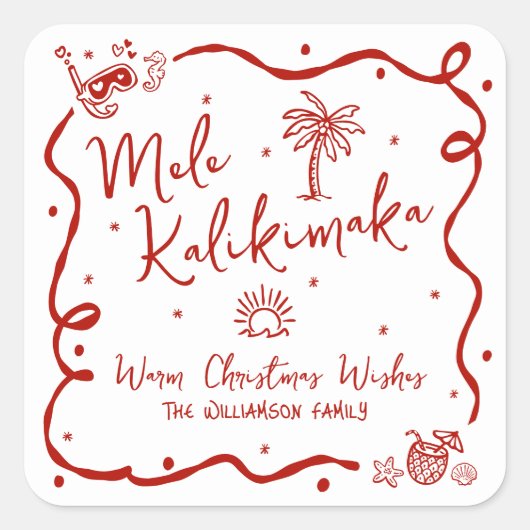 Red Mele Kalikimaka Hand Drawn Doodles Christmas Vierkante Sticker (Voorkant)