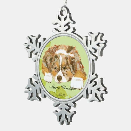 Red Merle Aussie Puppy op Green Leaves Tin Sneeuwvlok Ornament (Rechts)