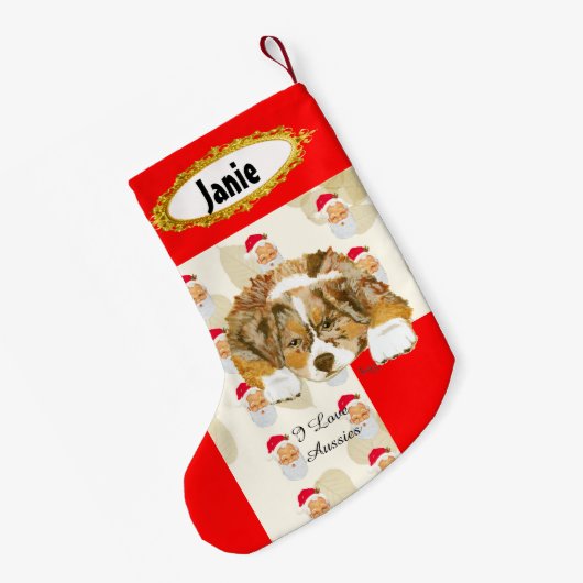 Red Merle Aussie Puppy w/Santa Stocking Kleine Kerstsok (Achterkant (Hangend))