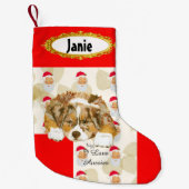 Red Merle Aussie Puppy w/Santa Stocking Kleine Kerstsok (Voorkant)