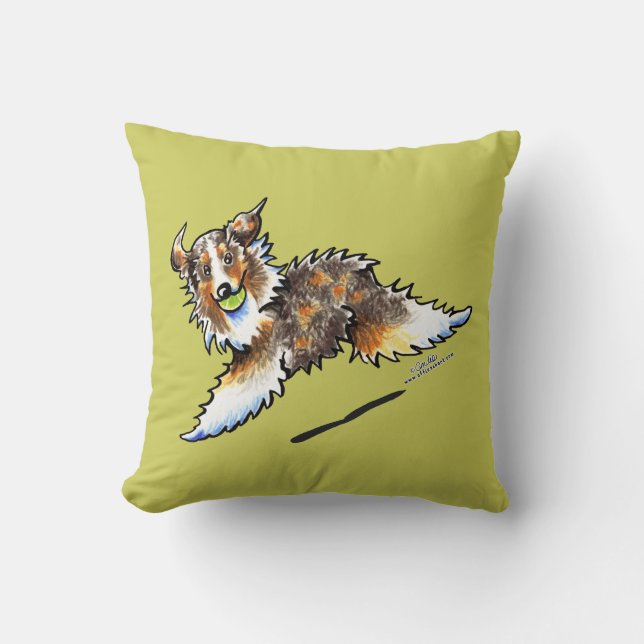 Red Merle Australian Shepherd speelt Kussen (Voorkant)