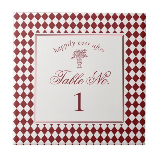 Red Merlot Harlequin Checker Wedding Table Number Tegeltje (Voorkant)