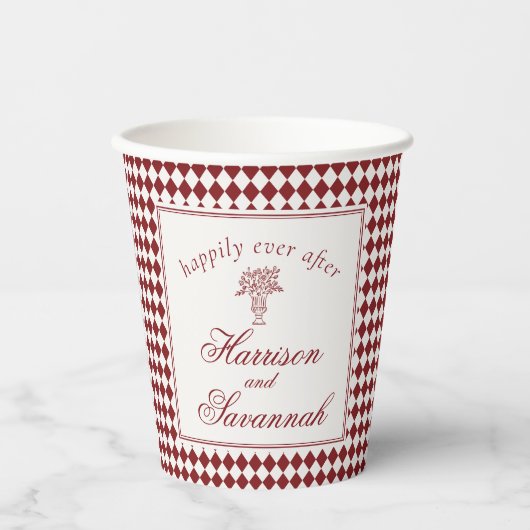 Red Merlot Harlequin Checkered Wedding Papieren Bekers (Voorkant)
