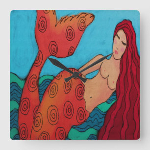 Red Mermaid Abstracte Art Square Wall klok