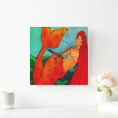 Red Mermaid Abstracte Art Vierkante Klok (Huis)