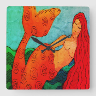 Red Mermaid Abstracte Art Vierkante Klok