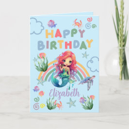 Red Mermaid Birthday Card in Blue Kaart