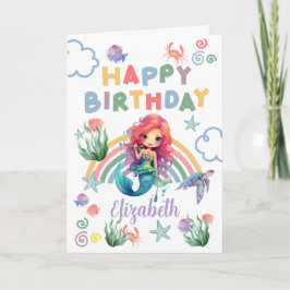 Red Mermaid Birthday Card in White Kaart
