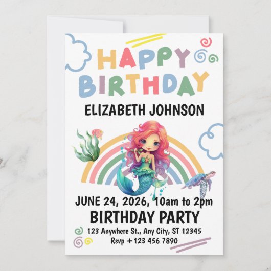 Red Mermaid Birthday Invitation in White Kaart (Voorkant)