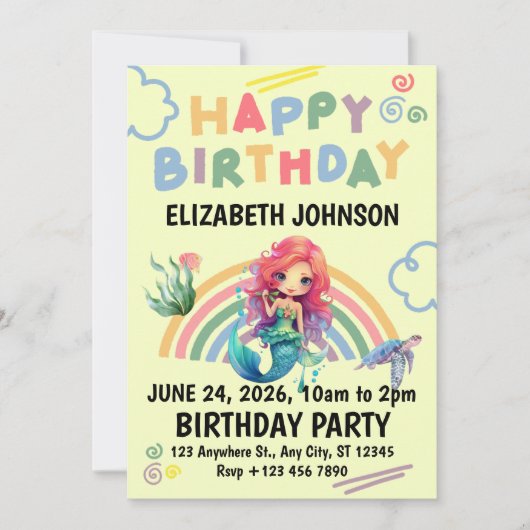 Red Mermaid Birthday Invitation in Yellow Kaart (Voorkant)