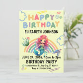 Red Mermaid Birthday Invitation in Yellow Kaart (Staand voorkant)