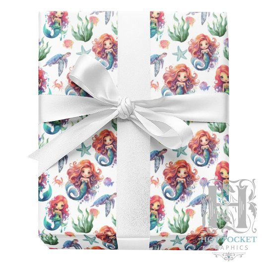 Red Mermaid Wrapping Paper in White Cadeaupapier