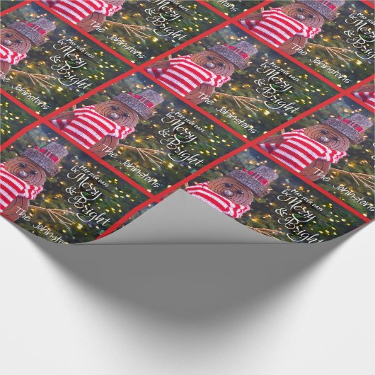 Red Merry Bright Rustic Snowman Naam Schattige Pat Cadeaupapier (Hoek)