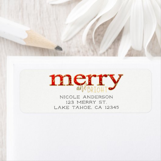 Red Merry & Bright White Gold Holiday Kerstmis Etiket (Insitu)
