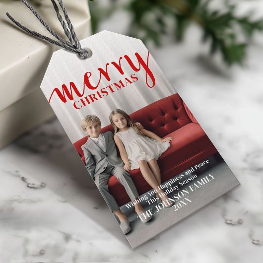 Red Merry Calligraphy - vertical Photo white type Cadeaulabel