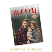 Red Merry Calligraphy - vertical Photo white type Feestdagenkaart
