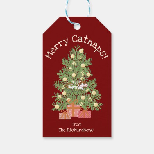Red Merry Catnaps! Schattigee kat in de kerstboom Cadeaulabel (Voorkant)