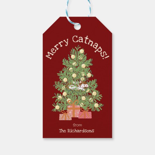 Red Merry Catnaps! Schattigee kat in de kerstboom Cadeaulabel (Achterkant)