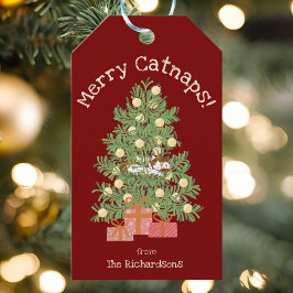 Red Merry Catnaps! Schattigee kat in de kerstboom Cadeaulabel