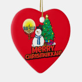 Red Merry Chrismukkah met Snowman en Menorah Keramisch Ornament (Rechts)