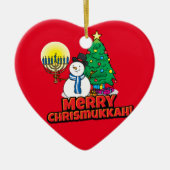 Red Merry Chrismukkah met Snowman en Menorah Keramisch Ornament (Voorkant)