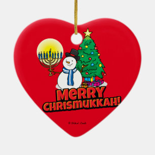 Red Merry Chrismukkah met Snowman en Menorah Keramisch Ornament