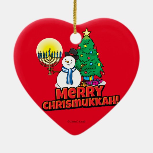Red Merry Chrismukkah met Snowman en Menorah Keramisch Ornament (Achterkant)