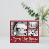Red Merry Christmas 3 Photo Modern Postcard Feestdagenkaart (Staand voorkant)