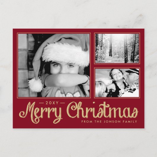 Red Merry Christmas 3 Photo Modern Postcard Feestdagenkaart (Voorkant)