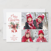 Red Merry Christmas 3 Photos Script Holly Bow Feestdagenkaart (Voorkant)