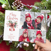 Red Merry Christmas 3 Photos Script Holly Bow Feestdagenkaart