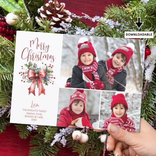 Red Merry Christmas 3 Photos Script Holly Bow Feestdagenkaart